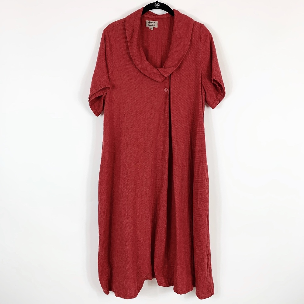 Flax Dress Med Red Collar Linen Red Asymmetrical - Picture 1 of 6